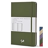 Jumping Fox Design Premium A5 Notizbuch mit Punkten, Hardcover, mittelgroß, 14,2 x 21,3 cm, 120 g/m² dickes Papier, nummerierte Seiten, Innentasche, einzigartiges Kunstleder, Olivgrün