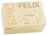 LAUBLUST Erinnerungsbox Baby Personalisiert - Teddybär - Geschenk zur Geburt | M - ca. 30x20x14cm, Holzkiste Natur FSC®