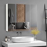 DICTAC 70x60x15cm Spiegelschrank Bad mit Verstellbarem Regal, 3-Türiger Moderner Spiegelschrank, Weiß, Prägnant, Leicht zu Reinigen, Schminkspiegel mit Schrank Lagerung
