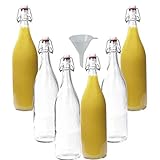 mikken 6X Glasflasche 1 Liter mit Bügelverschluss aus Porzellan inkl Trichter, Transparent