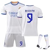 WYIILIN Fußball T-Shirt, Kinder Sporthemd 2021 Benzema Home Stadium Nr. 9 Trikotanzug mit Socken für Männer und Frauen Erwachsene weiße Fußballtrikots 28