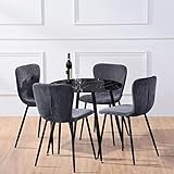 GOLDFAN Esstisch mit 4 Stuhl Glastisch Marmor und Stoff Stuhl Runder Tisch Glas Wohnzimmertisch Klein für Wohnzimmer Küche，Schwarz und Grau