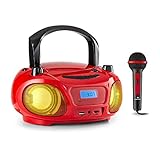 auna Roadie Sing Boombox - CD Player Bluetooth für Kinder, Ghettoblaster mit Sing-A-Long Funktion, USB, UKW Radio, Bluetooth 3.0, LED-Beleuchtung, inkl. Mikrofon, rot