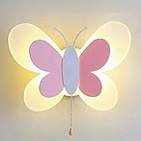 AUNEVN Modern Kinderzimmer Lampe 15W LED Wandleuchte Schmetterling Shape Cartoon Wandlampe aus Metall und Acryl Junge Mädchen Schlafzimmer Warmes Licht Wall Beleuchtung mit Zugschalter (Rosa+Weiß)
