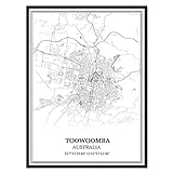 TANOKCRS Toowoomba Australien Karte Wandkunst Leinwand drucken Poster Artwork ungerahmt moderne Schwarz-Weiß-Karte Souvenir Geschenk Home Decor 41x51 cm