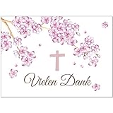15 x Dankeskarten mit Umschlag - Kirschblüte mit Kreuz - Danksagung/Bedanken/Danke sagen zur Taufe, Kommunion, Konfirmation, kirchlich