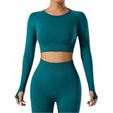 Langärmeliges bauchfreies Damen-Top, für Yoga, Laufen, Fitnessstudio, schmale Passform, bauchfreies Workout-Top, sportliches enges Shirt, blau, S