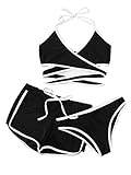 DIDK Damen Wickel Bikini Set mit Short 3 Piece Neckholder Schwimwear Bademode Schwarz S