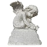 Objectz weißer Friedhofsengel Schutzengel mit Vogel - Sockel beschreibbar - Grabschmuck Grabengel - Deko wetterfest frostfest - 17 cm