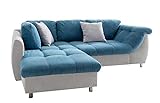lifestyle4living Ecksofa mit Schlaffunktion in Blau/Hell-Grau mit großen Rücken-Kissen, Microfaser-Stoff | Gemütliches L-Sofa mit Longchair im modernen Look