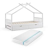 VitaliSpa Kinderbett Design Hausbett Gästebett Lattenrost 90x200 (Weiß + Matratze)