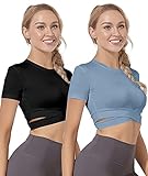 Damen 2er-Pack Crop Tank Top Cropped Kurzarm Oberteile Kurzarm Bauchfrei Top Sports Workout Yoga T-Shirts Schwarz/Blau-XL