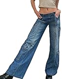 WanXingLiHe Damen Multi-Pocket High Taille Jeans Y2k Mode Wide Retro Lose Gerade Lenker Denim Hose Mit Verstellbarem Gürtel,Blau,S