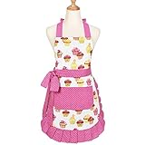 Yastouay Pink Schleife Schürze, Baumwolle Kochschürze mit Tasche, Kuchen Muster Damen Backenschürze mit Verstellbarem Band, Waschbar Küche Erwachsene Schürze