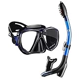 Dorlle Schnorchelset Schnorcheln Set mit Schnorchel und Taucherbrille，wasserdichte Tauchmaske Anti-Fog Anti-Leck aus Gehärtetem Glas，mit 3-Kanal Premium Dry Schnorchel für Erwachsene ，Schwarz/blau