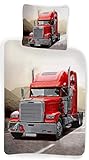 Bettwäsche Set roter Truck LKW auf Straße, Bezug Bettdecke 100 x 140 cm, Bezug Kopfkissen 40 x 45 cm, 100 % Baumwolle, für Babys und Kinder, Jungen, Mädchen