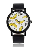 Emoji-Bananen-Armbanduhr, personalisierbar, leger, schwarzes Lederband, Armbanduhr für Männer und Frauen, Unisex Uhren