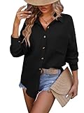 LEKOPUR Musselin Bluse Damen Langarm 100% Baumwolle Damenblusen Elegant Sommer Longbluse Modern Blusenshirt Schwarze Hemd Blusen Oberteile V Ausschnitt Hemdbluse Tunik