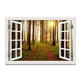 xukgmsg Leinwandbild Fake Windows Open Window Wald Bei Sonnenuntergang Wandkunst Drucken Fensterblick Auf Den See Im Wald Natur Wildnis FüR Wohnzimmer Schlafzimmer BüRo 60x40