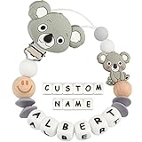Schnullerkette mit Namen Jungen mädchen Personalisierter Schnuller Clip Silikon Koala Beißring Halter Zahnen Holz Perlen für Babydusche BPA Frei（Hellgrau）