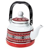 Alipis 1. 1L Emaille Tea Kessel Herd Teekanne Porzellan Emaelled Teakettle Bauernhaus Geometrische Muster Heißer Wasserkessel für Camping Home Kitchen Hotel Rot