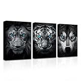 CXHOSTENT Schwarz weiße Tiere auf Leinwand 3-teilig Tiger Löwe Wolfskopf mit blauen Augen Kunstdrucke Wildtierbilder gerahmt (B, 40.00 x 60.00 cms x 3PCS)