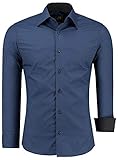 J'S FASHION Herren-Hemd - Slim-Fit - Langarm-Hemd Freizeithemd - Bügelleicht - Navyblau L