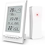 Wetterstation mit Funk Außensensor, Digitaler Thermometer Hygrometer mit Innen Außen Temperatur und Feuchtigkeit, Wettervorhersage, Datum/Uhrzeit/Wecker/Schlummer, 3 Senderkanäle, weiß