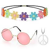 Hippie Kostüm Set 60er Runde Brille Frieden Zeichen Halskette Gänseblümchen Sonnenblumen Stirnband Hippie Accessoires für Damen Herren Verkleidung Hippie Party Zubehör (Rosa, Bunt)