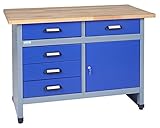 Küpper Werkbank 12047 ultramarinblau, 120x84x60cm, 5 Schubladen, 1 Tür, 300 kg Traglast, 30 mm massive Buchenarbeitsp