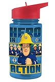 P:os 27264 - Trinkflasche für Kinder, ca. 450 ml, transparentes Design mit Feuerwehrmann Sam Motiv und integriertem Strohhalm zum Hochklappen, aus Kunststoff, bpa- und p