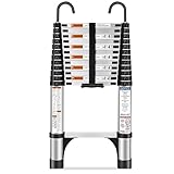 HBTower 3,8m Teleskopleiter Aluminium mit Haken, Leichte Ausziehleiter, Leiter Ausziehbar, klappbare Leiter für Dachböden, Caravans, 150kg Tragfähigkeit, Silb