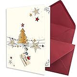 25x kleines Weihnachtskarten-Set DIN A7 in Weiß mit Weihnachtsbaum und Sternen - Faltkarten mit Umschlägen DIN C7 Dunkelrot (Rot) mit Nassklebung - Weihnachtsgrüße für Firmen und Privat