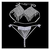 YEZIB Körperkette- Bunte Kristallkörperkette Jewlery Sexy Unterwäsche Set für Frauen Quaste Rhinestone BH und Tanga Bikini Badeanzug Set (Main Stone Color : Silver, Metal Color : A Thong)