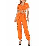 Lazzboy Halloween Kostüm Damen Erwachsene Gestreifte Gefangene Kleidung Gefängnis Bühnenspiel Cosplay Oberteil Prison-sträfling Karneval Verkleidung Fasching Gefangener Verbrecher (M,Orange)