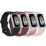 Vancle 4PACK Armbands für Fitbit Charge 6 Armband Fitbit Charge 5 Armband Damen Herren,Silikon Sport Weiches Ersatzarmband Uhrenarmband für Fitbit Charge 5/6(L,Rotwein/Roségold/Starlight/Schwarz)