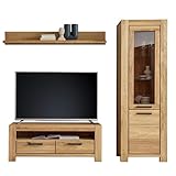 Wohnwand Wohnmöbel Set Eiche massiv geölt 3-teilig, 1 Wandboard, 1 Lowboard, 1 Vitrine, inkl. LED-Beleuchtung | Echtholz/M