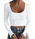 Minetom Damen Langarm T-Shirt mit Quadratischer Ausschnitt Basic Langarmshirt Crop Tops Bauchfrei Oberteile Sweatshirt Pullover Top Herbst Ribbed A Weiß S