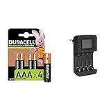 Duracell Rechargeable AAA 900 mAh Micro Akku Batterien HR03, 4er Pack & Amazon Basics Intelligentes, digitales Akku-Ladegerät für 4 AA-, AAA-Akkus