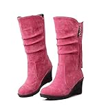 JJGS Frauen Frosted Wedge Heel Mid Chelsea Stiefel rutschfeste Ledernaht wasserdichte Plattform Rundkopf Baumwolle Schuhe Größe Winter(34 EU-43 EU) Pink-34EU