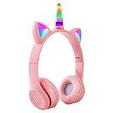 JUVEL Bluetooth-Kopfhörer mit Einhorn, Katzenohren mit LED-Licht, faltbar, kabellos, einfach verstellbar über Kopfhörer, geeignet zum Lernen/Gaming für Kinder und Erwachsene (Rosa)
