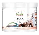 Fairvital | Taurin 250 g Pulver - Extra hoch dosiert - Mit Thiamin und Pantothensäure - Pur, ohne Zusatzstoffe - 100% vegan - Für 4,5 Monate - Qualitätsgeprüft - Made in Germany