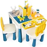 AMOSTING Höhenverstellbarer Kindertisch mit Stühle, Kinder Tisch Stuhl Set mit 100 Stück Bausteine Multifunktionaler Spieltisch Kinder zum Spielen