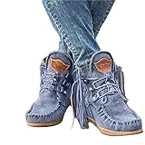 Onsoyours Damen Herbst Winter Flache Wildleder Retro Stiefeletten mit Fransen Casual Short Ankle Boots Schuhe Blau 38 EU