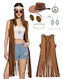 kasahara 7pcs Hippie Kostüm Damen Set Cowgirl Kostüm Hippie Tassel Weste 70er Jahre Outfit Cowboy Hut Halloween Mottoparty Karneval Faschingskostüme (Brown, M)