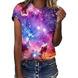 Galaxy Shirt Damen Stern Weltraum Tshirt Modische Oberteile t-Shirts für Damen Galaxie Drucken Lässiges Crop Blusen Sportshirt Damen Tee Fit Glitzer Ausgefallene O