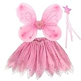 EQLEF Fee Kostüm Mädchen, Prinzessin Fee Kostüm Fee Schmetterlingsflügel für Mädchen Tutu Flügel festgelegt - Set von 3 (Rosa)