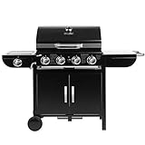 Bruzzzler 4 + 1 Gasgrill, Profi-Grillstation für BBQ, Räuchern und Grillen, 4 Brenner plus Seiten Gaskocher, Gas Grill, Grillwagen, Fettpfanne herausnehmbar, Thermometer, E-Starter, Farbe : Schwarz