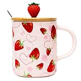 Niedliche Erdbeer-Keramik-Kaffeetasse mit deckel und Löffel, hitzebeständiger Becher Tasse, Geschenk für Frauen Frau Mutter Mädchen Lehrer Freunde