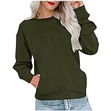 RKaixuni Damen-Sweatshirt, Rundhalsausschnitt, lässiger Pullover, einfarbig, übergroß, langärmelig, lockere Passform, Tunika, Bluse mit Taschen, armee-grün, XL